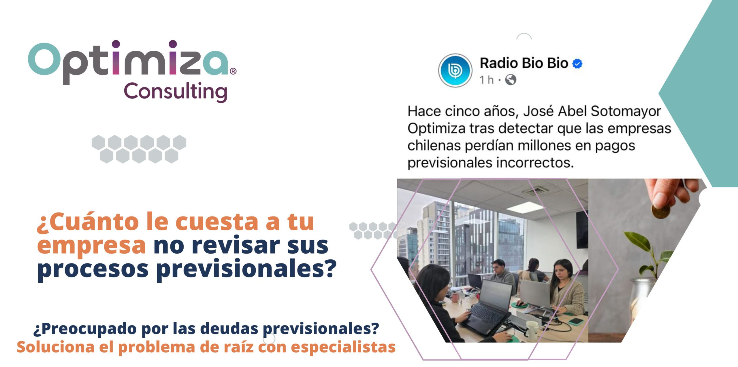 Imagen sobre errores previsionales en empresas, con cita de Radio Bio Bio sobre Optimiza Consulting y su trabajo en detección de pagos incorrectos.